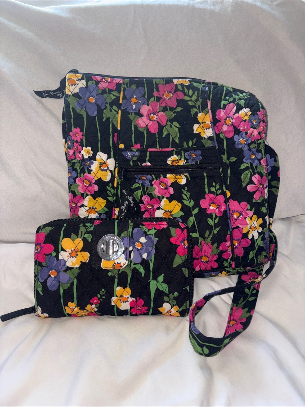 Vera Bradley Black Floral Quilted Crossbody and Wallet Set